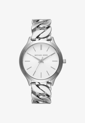 Reloj de pulsera Michael Kors plateado con esfera blanca minimalista, marcadores de hora delgados y una pulsera metálica de eslabones gruesos.