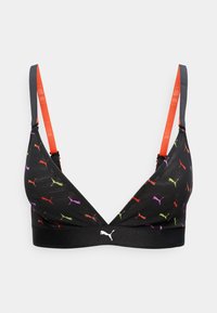 Μαύρο αθλητικό μπουστάκι με πολύχρωμα λογότυπα Puma, επενδεδυμένα cups, φωτεινά πορτοκαλί ρυθμιζόμενους ιμάντες και μαύρη βάση με λευκό λογότυπο Puma.
