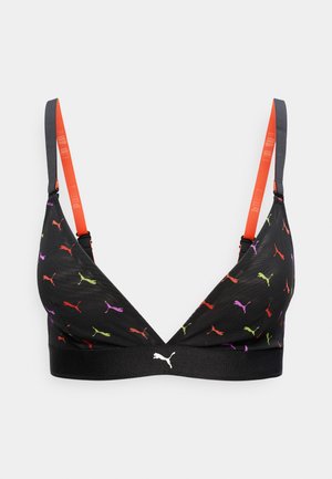 Melnas sporta bralete ar daudzkrāsainiem Puma logotipiem, polsterētām kausiņām, spilgti oranžām regulējamām siksniņām un melnu apakšējo joslu ar baltu Puma logo.