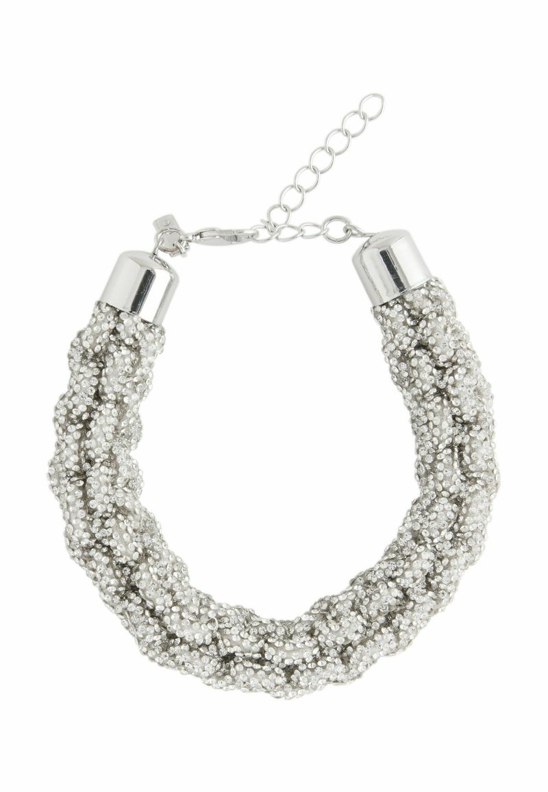 Silberne geflochtene Armbänder aus strukturierten Metallperlen, mit polierten Silber-Endkappen und einem verstellbaren Kettenverschluss.