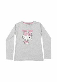 T-shirt grigia a maniche lunghe con grafica stampata di Hello Kitty che indossa un fiocco e un vestito rosa, con testo rosa sopra il design.