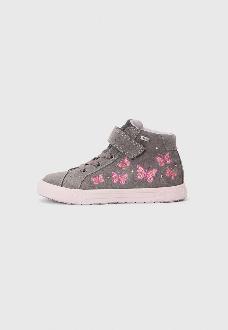 Gray high-top shoe with pink butterfly designs, suede material, Velcro strap, and rubber sole, featuring stitched accents and a padded collar.