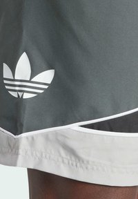 Gray sports shorts with white Adidas logo, featuring horizontal stripes, and a contrasting light gray hem with white trimming.