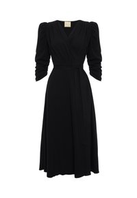 Czarna midi sukienka o kroju wrap z bufiastymi długimi rękawami, dekoltem w kształcie V, marszczeniami oraz paskiem w talii.
