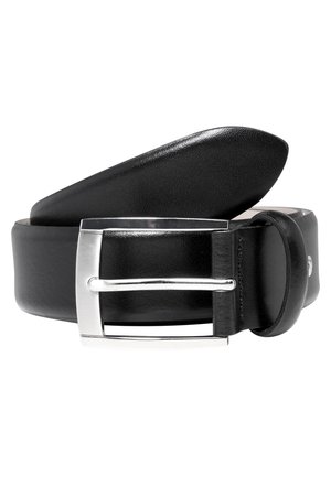 Schwarzer Ledergürtel, zusammengerollt, mit glänzender silberner rechteckiger Schnalle und einer Lederschlaufe.