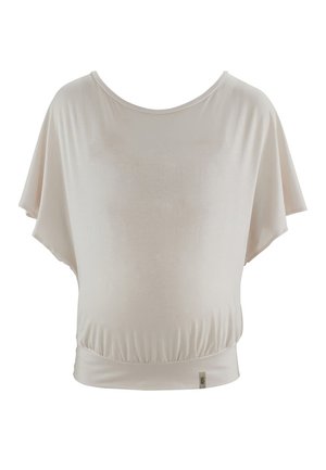 Lichtbeige kortgeärmde top, gemaakt van zachte, rekbare stof. Relaxte pasvorm met een elastische gegatherde zoom en een ronde halslijn.