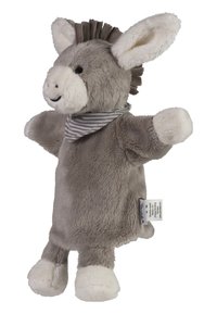 Gray plush donkey hand puppet with a striped scarf, large ears, a textured mane, and soft white accents on the snout and paws.