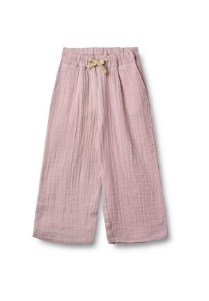 Pantalons en coton texturé léger, rose pâle, avec une taille élastique et un cordon de serrage. Comprend deux poches latérales et une coupe décontractée.