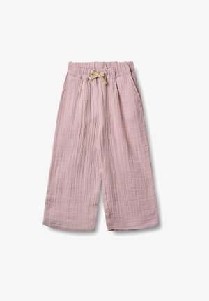 Jasnoróżowe, lekkie, teksturowane bawełniane spodnie z elastycznym paskiem w talii i sznurkiem. Posiadają dwie boczne kieszenie i luźny krój.