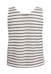 Top bez rukávů z texturované pleteniny, s střídajícími se černými a bílými vodorovnými pruhy. Kulatý výstřih s volnějším střihem.