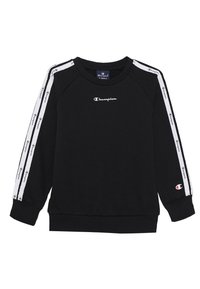 Felpa nera con logo Champion bianco, caratterizzata da strisce laterali bianche con logo ripetuto, polsini a costine e scollatura rotonda.