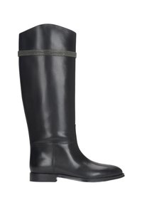 Černé kožené vysoké boty po kolena s hladkým povrchem, kulatou špičkou a šedým páskem na vrchu, s plochou podrážkou a minimalistickým designem.