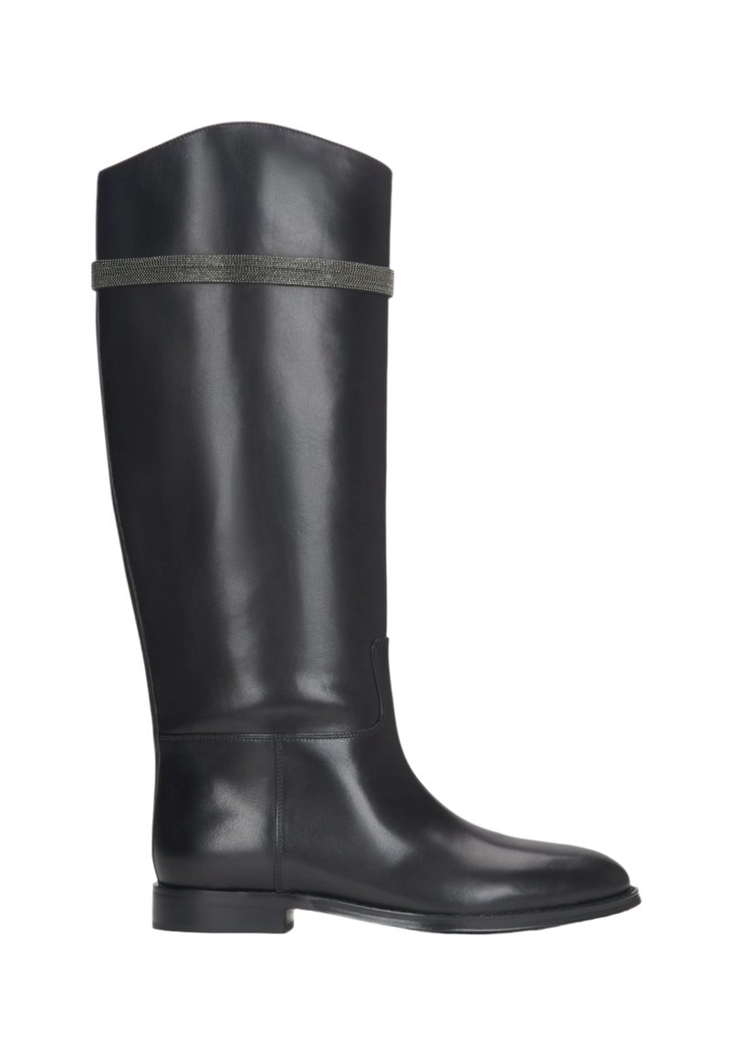 Černé kožené vysoké boty po kolena s hladkým povrchem, kulatou špičkou a šedým páskem na vrchu, s plochou podrážkou a minimalistickým designem.