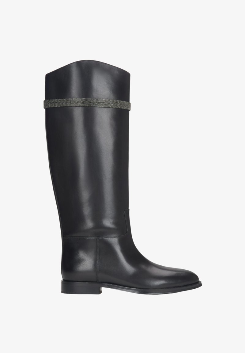 Černé kožené vysoké boty po kolena s hladkým povrchem, kulatou špičkou a šedým páskem na vrchu, s plochou podrážkou a minimalistickým designem.