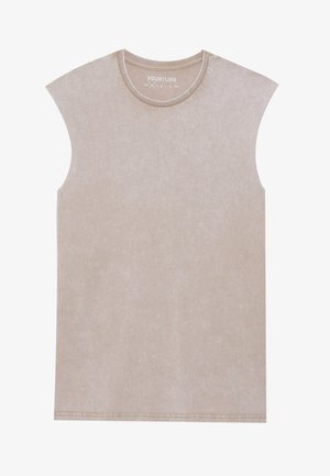 Maglietta senza maniche in cotone beige con scollatura rotonda, texture morbida e un leggero aspetto sbiadito. Nessuna grafica o decorazioni.