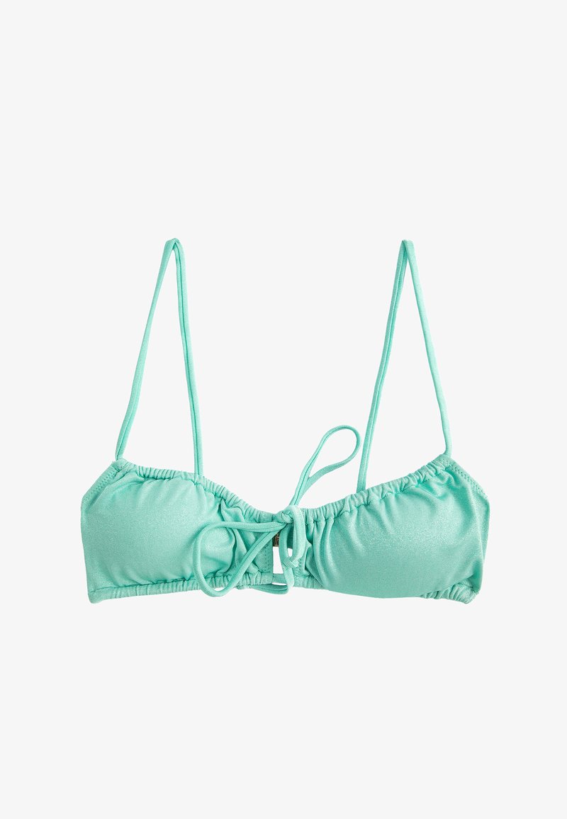 Mintgrüner Bikini-Oberteil mit verstellbaren dünnen Trägern, gerafftem Stoff an den Kanten und einer zentralen Bindeschleife. Glatte, leicht glänzende Textur.