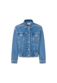 Jasnoniebieska kurtka dżinsowa z kołnierzykiem, z przodu zapinana na guziki, z dwoma kieszeniami na piersi i kontrastowym przeszyciem. Długie rękawy i klasyczny krój.