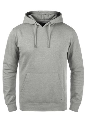 Lichtgrijze hoodie met een voorvak, verstelbare trekkoorden, ribgebreide manchetten en een zachte textuur. Eenvoudig ontwerp zonder patronen.
