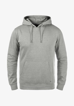 Lichtgrijze hoodie met een voorvak, verstelbare trekkoorden, ribgebreide manchetten en een zachte textuur. Eenvoudig ontwerp zonder patronen.