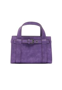 Fioletowa zamszowa torebka na podwójnych uchwytach o prostokątnym kształcie. Posiada detale z klamrą oraz gładką teksturę.