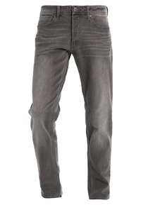 Miesten haalistuneet harmaat suorat farkut, joissa on etutaskut, vyölenkit ja napitus.