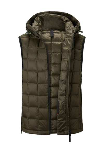 Steppweste in Olivgrün, mit gestepptem Design, Frontreißverschluss und Kapuze. Innen mit glattem Stoff ausgekleidet und einer Seitentasche.