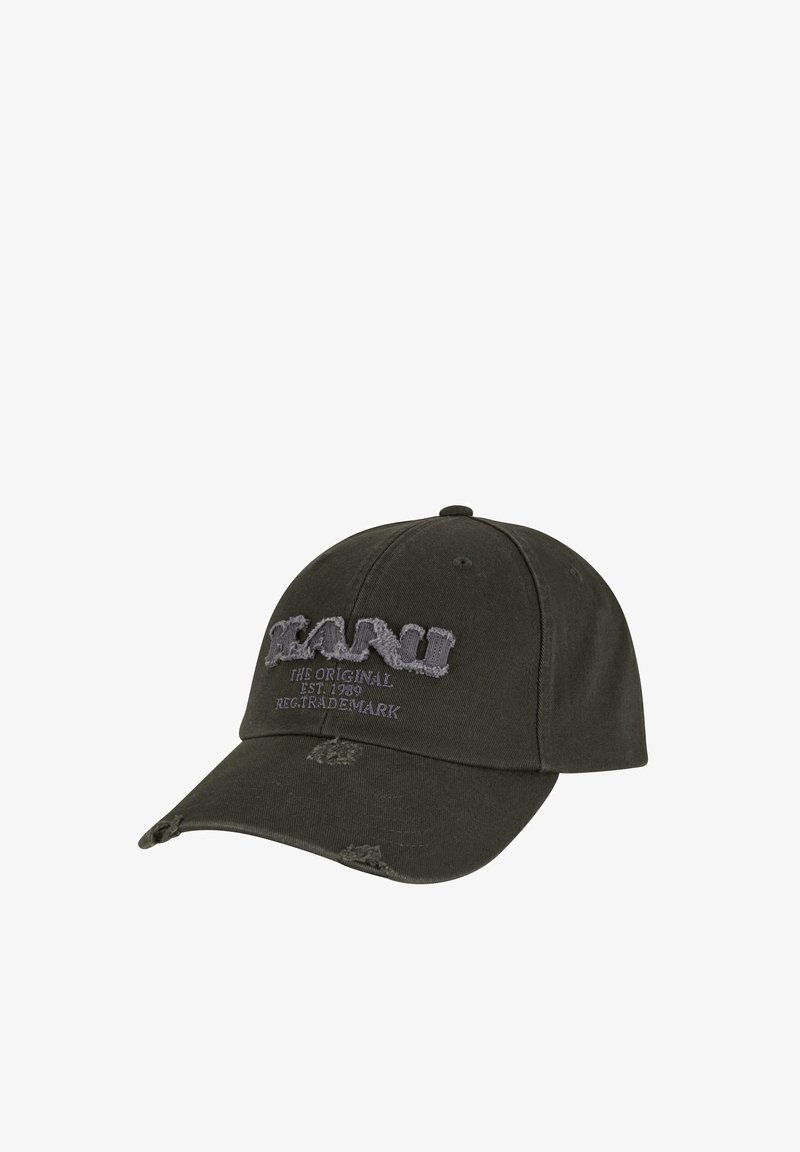 Dark green baseball cap with embroidered logo and text, distressed detailing on the brim, cotton material, six-panel design.