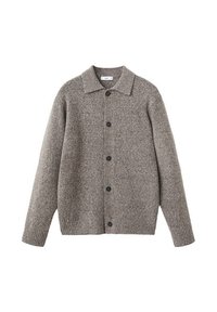 Cárdigan de lana gris con cuello amplio, puños y dobladillo acanalados. Presenta cinco botones negros en el frente y una superficie de punto texturizada.