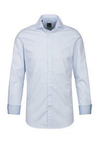 Camicia a righe azzurro chiaro in cotone con bottoni frontali, maniche lunghe, colletto e polsini con motivo in contrasto.