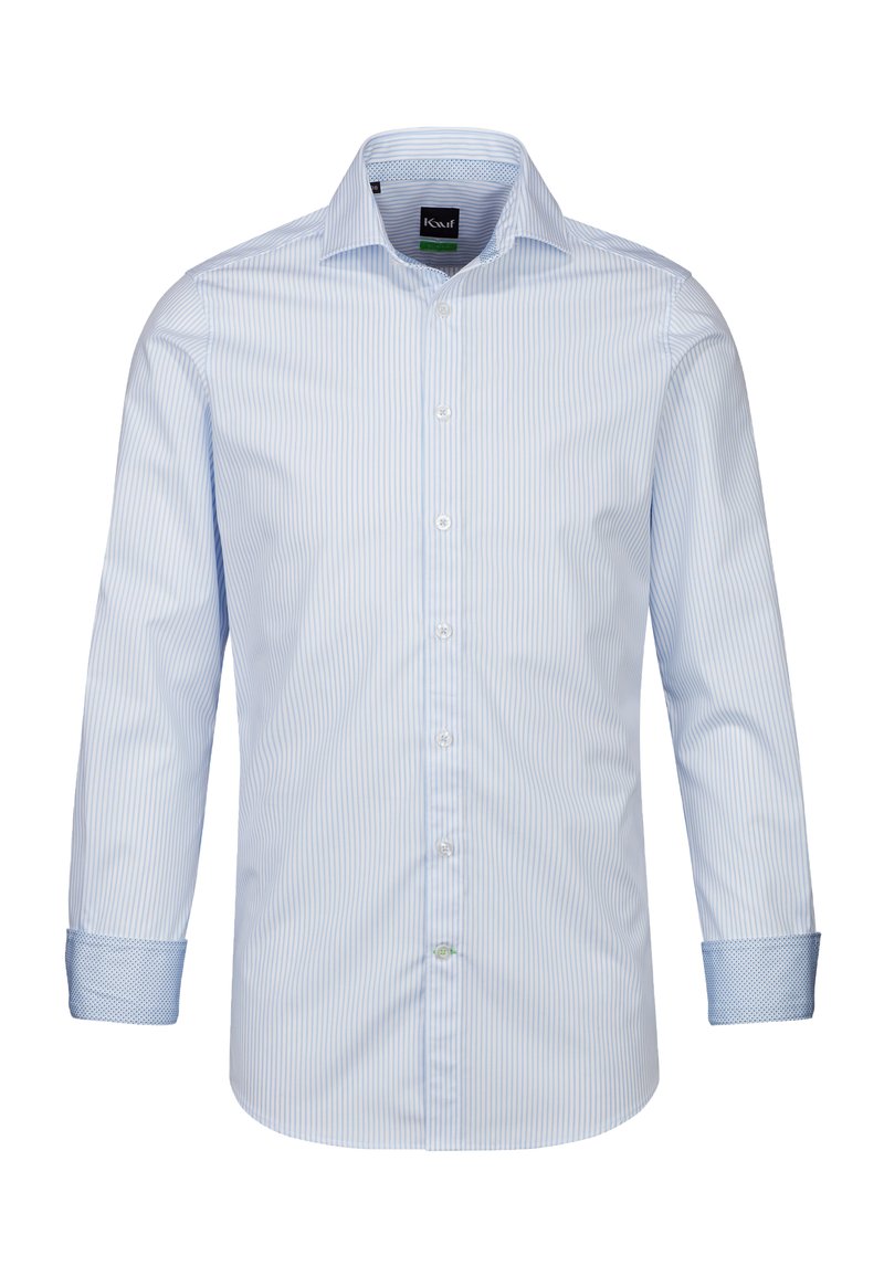 Camicia a righe azzurro chiaro in cotone con bottoni frontali, maniche lunghe, colletto e polsini con motivo in contrasto.