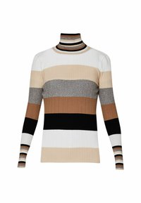 Maglione a collo alto a coste con varie righe: beige, bianco, nero, marrone e un accento argento. Presenta maniche lunghe e un design aderente.