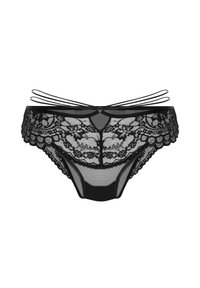 Zwarte kanten slipjes met een bloemmotief, gekartelde randen en dunne bandjes. Het doorzichtige materiaal geeft een delicate, lichte uitstraling.