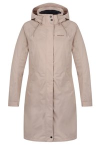 Béžová voděodolná bunda s kapucí, předním zapínáním na cvočky a dvěma bočními kapsami. Hladká látka s poloslouhou siluetou pro zajištění pokrytí.