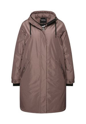 Cappotto lungo con cappuccio in un delicato color malva, caratterizzato da una superficie liscia, bottoni a pressione e tasche laterali. Rifiniture nere a contrasto sui polsini.