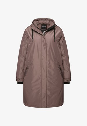 Lange, kapmantel in gedempt mauve, met een gladde textuur, drukknoopsluitingen en zijzakken. Contrasterende zwarte afwerking op de mouwen.