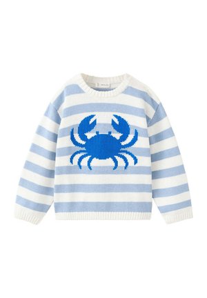 Pull en tricot avec des rayures horizontales blanches et bleu clair et un grand motif crabe bleu centré sur le devant.