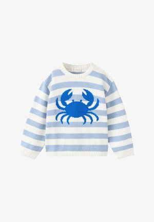 Pull en tricot avec des rayures horizontales blanches et bleu clair et un grand motif crabe bleu centré sur le devant.
