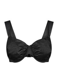 Svart behå med en glansig finish, underwire-form, rynkad mittdel och justerbara breda band. Har ett hakstängning på baksidan.