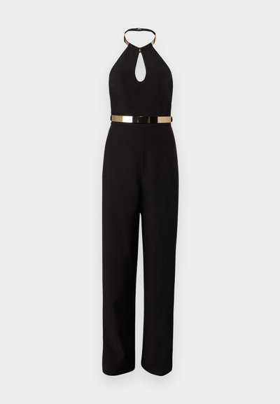 Black sleeveless jumpsuit with a halter neck, keyhole cutout, and a gold metallic belt at the waist, featuring wide-leg trousers.
