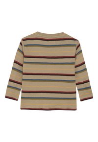 Langarm-Shirt in Beige mit horizontalen Streifen in Rot, Blau, Grün und Gelb. Weicher Stoff, runder Halsausschnitt und normaler Schnitt.