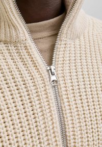 Pull zippé beige en tricot avec un motif texturé et une fermeture éclair argentée. Superposé à un haut beige clair, avec un col haut et des poignets côtelés.