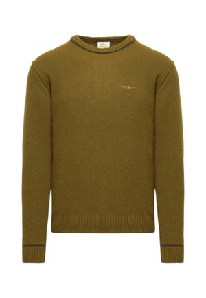 Maglione verde lavorato a maglia con scollo rotondo, polsini e orlo a coste. Presenta un logo ricamato sul petto. Realizzato in un materiale morbido e strutturato.