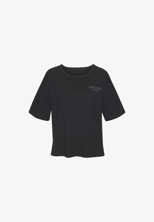 Zwarte t-shirt met korte mouwen, voorzien van een ronde halslijn en tekstlogo "Copenhagen Studios" op de voorkant. Gemaakt van zachte katoen.