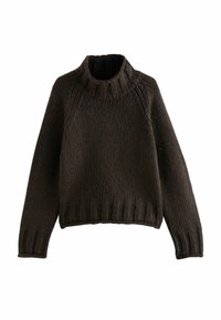 Knitted brown turtleneck sweater with ribbed accents, cropped design, and textured fabric. Features long sleeves and a high neck.