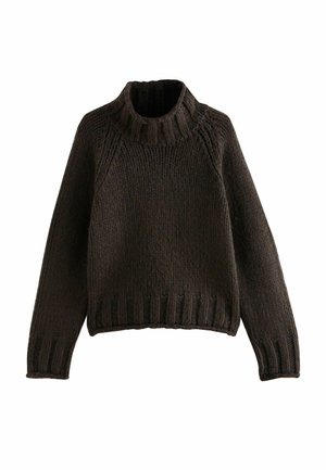 Knitted brown turtleneck sweater with ribbed accents, cropped design, and textured fabric. Features long sleeves and a high neck.