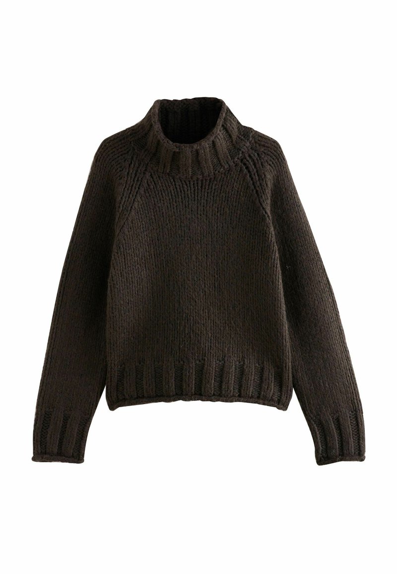 Knitted brown turtleneck sweater with ribbed accents, cropped design, and textured fabric. Features long sleeves and a high neck.