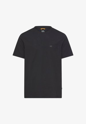 Schwarzes T-Shirt mit kurzen Ärmeln und Rundhalsausschnitt, mit einer Brusttasche, die ein kleines Logo auf der oberen rechten Seite der Tasche zeigt.