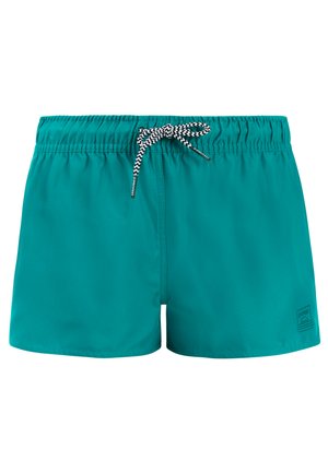 Türkisblaue Badeshorts mit elastischem Bund und schwarz-weiß gemustertem Kordelzugknoten in der vorderen Mitte.