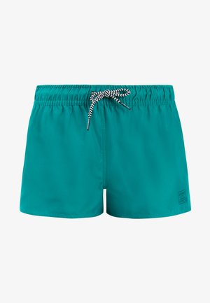 Shorts de bain turquoise avec taille élastique et cordon de serrage noué noir et blanc au centre avant.