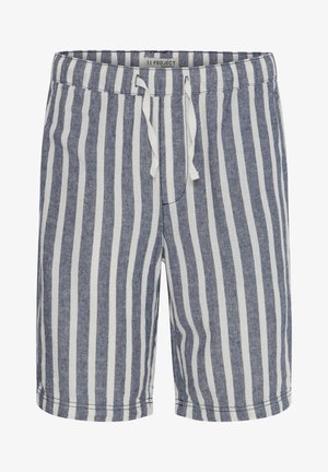 Viimeistellyt raidalliset shortsit, jotka esittelevät sinivalkoista kuviota, valmistettu kevyestä kankaasta, joustavalla vyötäröllä ja kiristysnyörillä säädettävään istuvuuteen.